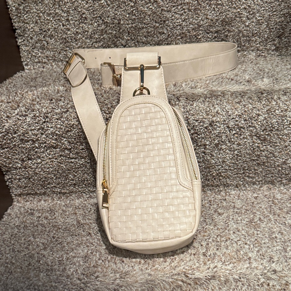 Pretty Simple Woven Cream Crossbody Belt Bag